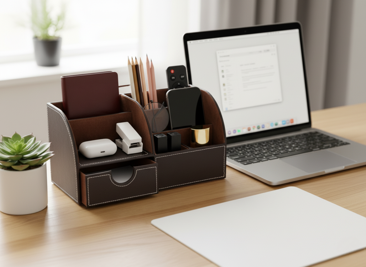 Brauner Schreibtisch-Organizer aus PU-Leder auf einem aufgeräumten Holzschreibtisch neben einem Laptop, mit Stiften, Notizbuch und Technikzubehör.